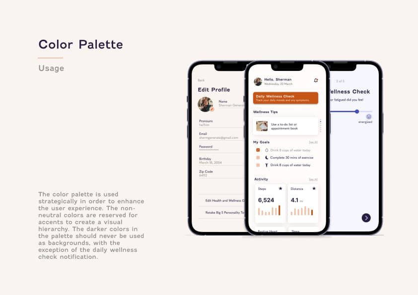 MyAtlas color palette usage shown across three app screens