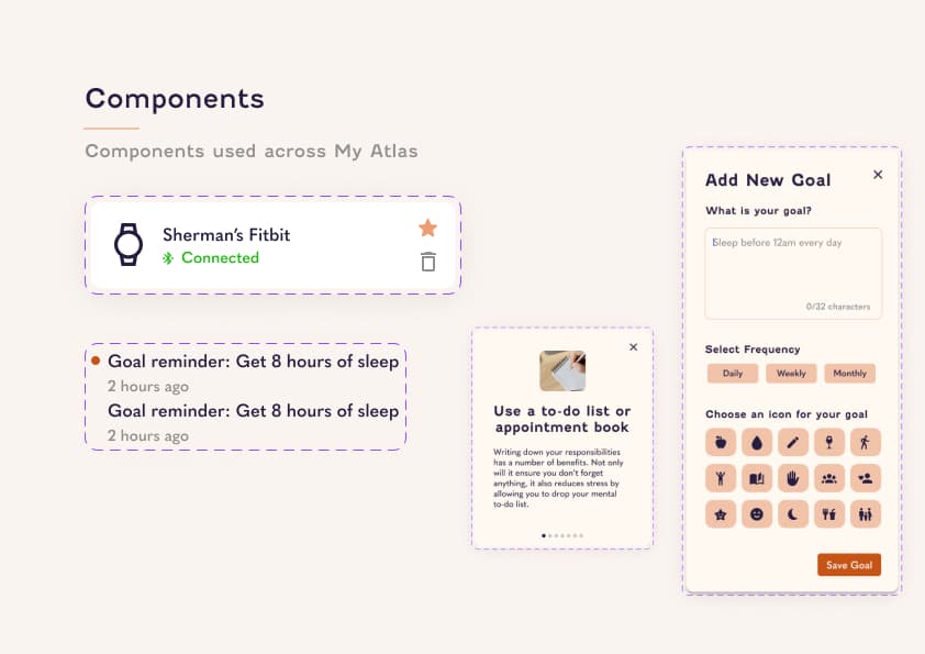 MyAtlas UI components: connected device card, goal reminders, insight card, and add-goal modal