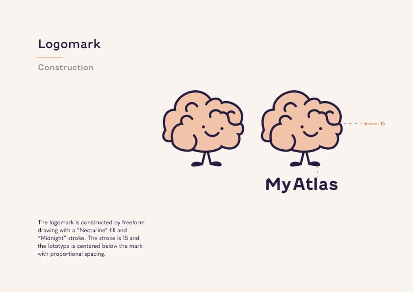 MyAtlas logomark construction with the hand-drawn brain character