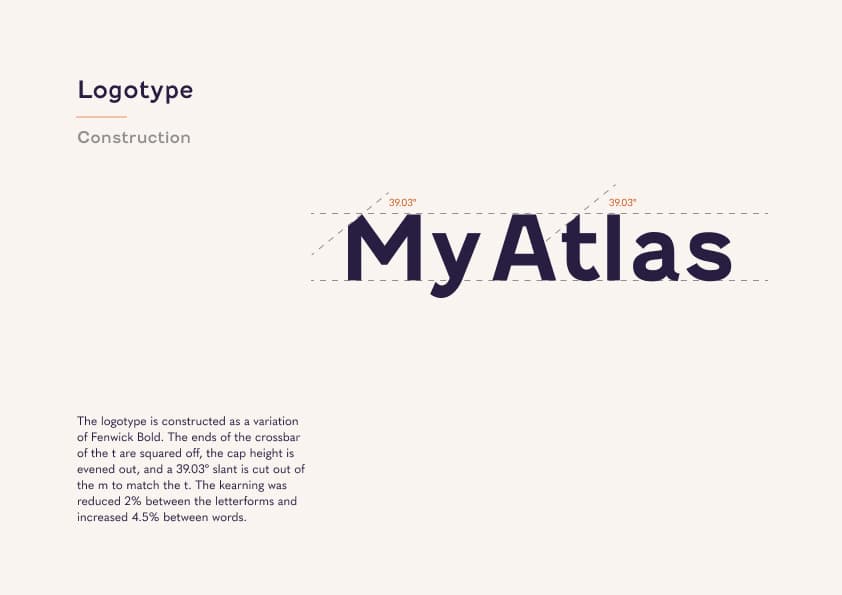 MyAtlas logotype construction notes for the Fenwick Bold wordmark