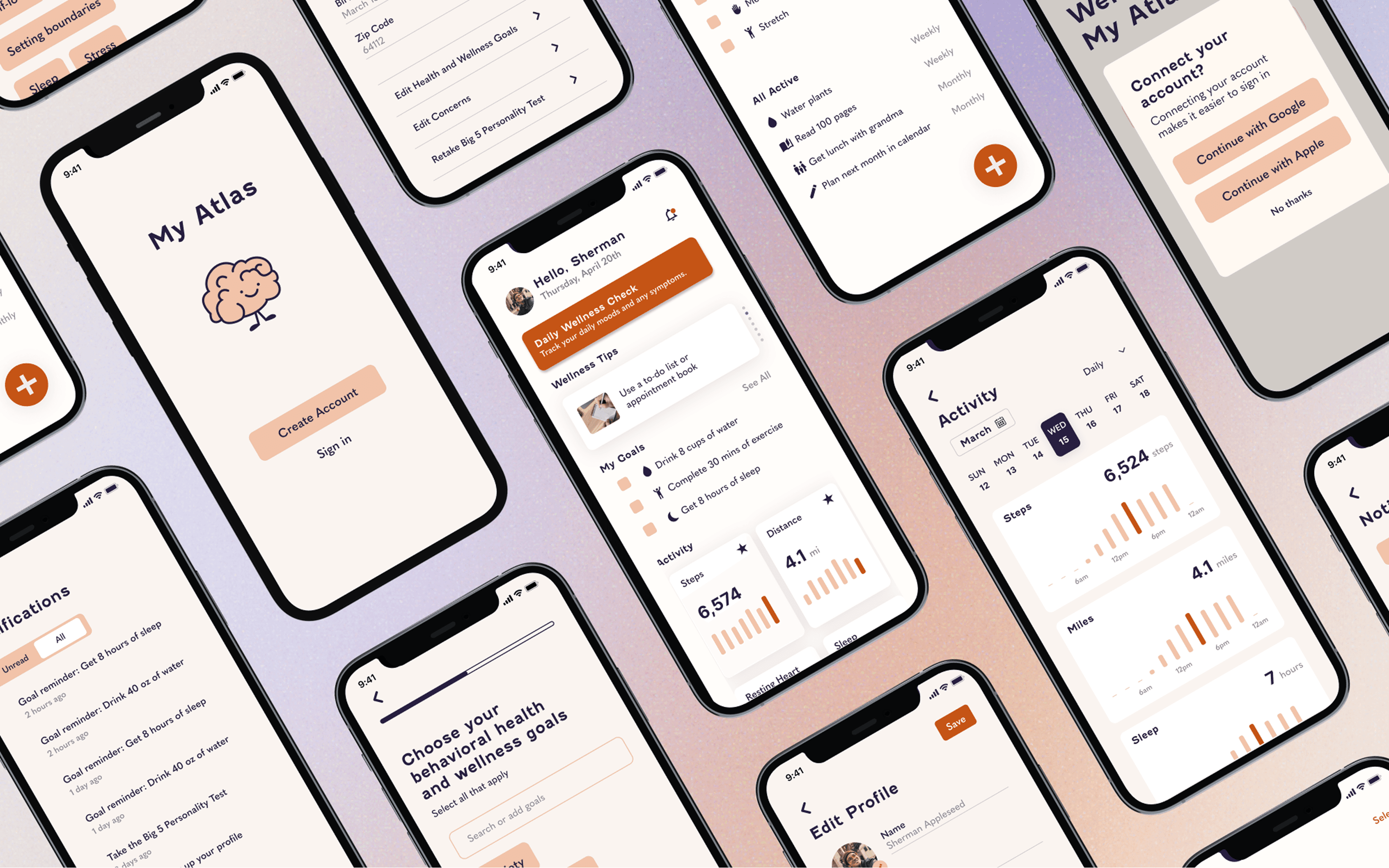 MyAtlas app screens showing profile, dashboard, and wellness check interfaces