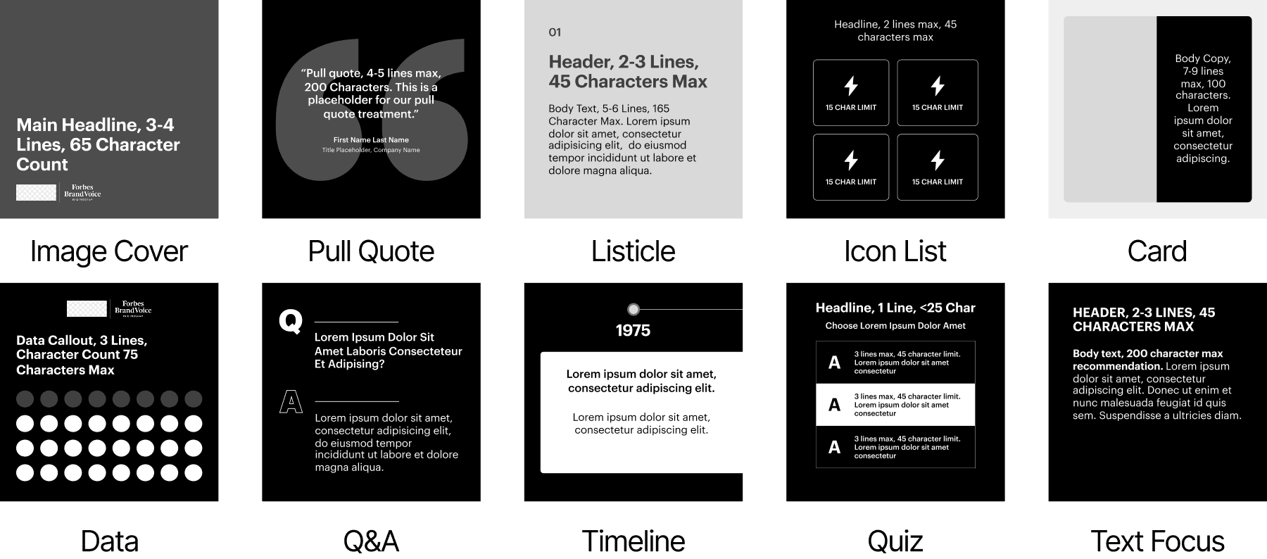 Ten Forbes social card types: image cover, pull quote, listicle, icon list, card, data, Q and A, timeline, quiz, and text focus