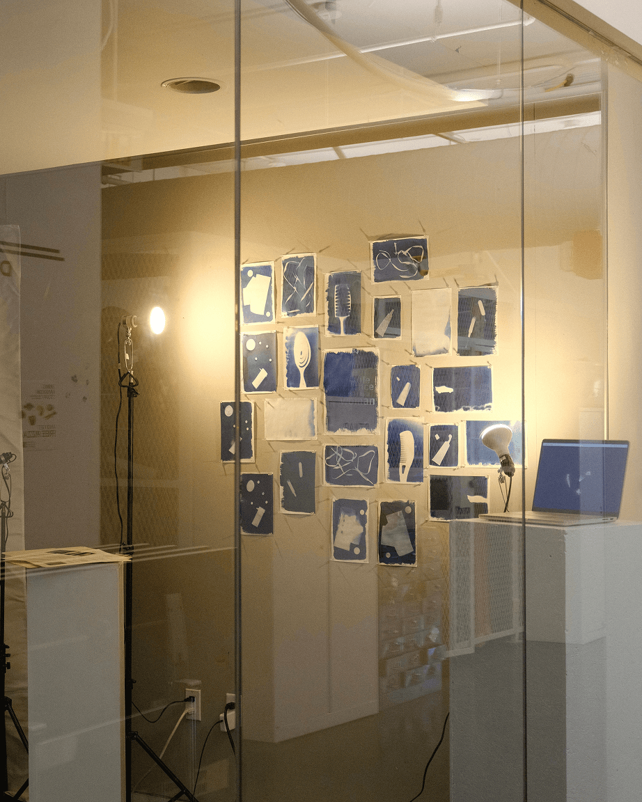 Gallery installation of cyanotype prints viewed through a glass wall
